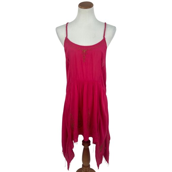 RARE NWT Free People Pink & Gold Embroidered Asymmetrical Boho Gypsy Slip Dress - Picture 2 of 16